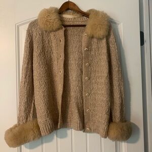 Vintage fur sweater with ivory flower buttons